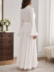 Spring And Summer French Retro Court-Style White Pleated Lace Long Cardigan Morning Gown, Comfortable And Soft Home Style, Romantic Couple's Night - White - View 3