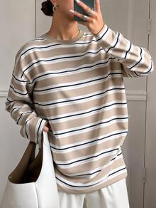 Khaki White Navy Blue Striped All-Over Print Loose Long Sleeve T-Shirt, Minimalist Old Money Style Commuter Layering Basic Top - Apricot - View 3