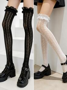 Lace Over-Knee Thigh High Socks – Black & White Sheer Floral Ruffle Stockings, Y2K Gothic Preppy School Style Legwear - Multicolor - View 3