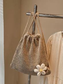 Women's Crochet Drawstring Backpack,Knit Beach Bag,Casual Boho Daypack For Summer Travel Daily Large Capacity,School Bookbag,College University Campus - Khaki - View 4