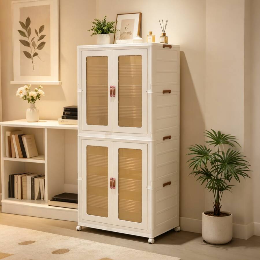 White Foldable Storage Cabinet | No Assembly Required (Or Simple Assembly) | Thickened PP Material | Suitable For Bedrooms, Bathrooms, And Laundry Rooms | Features Lockable Swivel Casters And Magnetic Double Doors