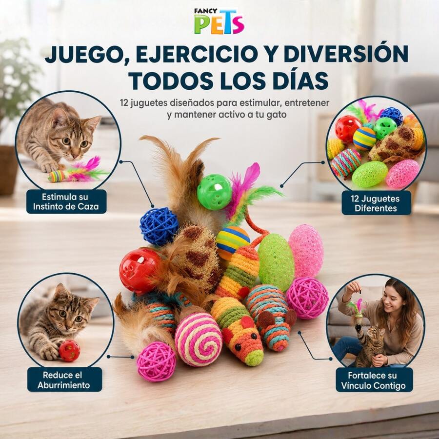 Fancy Pets Juguete Set Surtido Catch para Gato 12 Piezas Tamaño Chico Diferentes Materiales y Diseños Interactivos - Ver 1