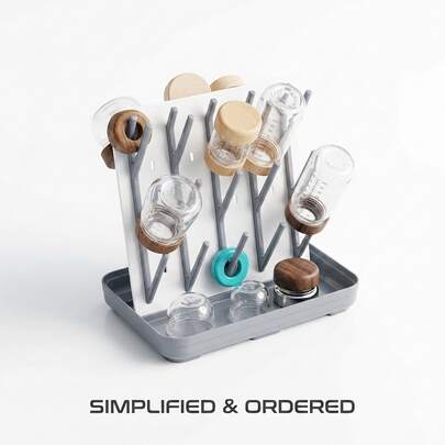 Escurridor de biberones con 20 ganchos ajustables, soporte vertical de gran capacidad que ahorra espacio para encimera, organizador de cocina para accesorios de recién nacidos, vasos de aprendizaje y chupetes (blanco y gris).