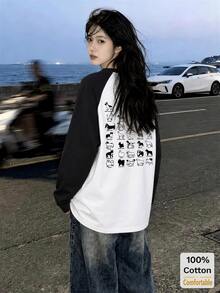 Women's Autumn Raglan Sleeve Long Sleeve T-Shirt, Cartoon Print, Loose Oversize Mid-Length Top Casual - Black and White - View 1