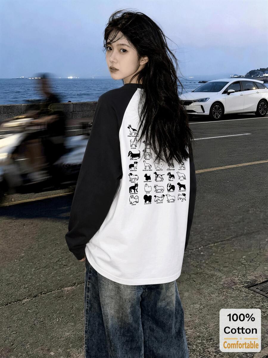 Women's Autumn Raglan Sleeve Long Sleeve T-Shirt, Cartoon Print, Loose Oversize Mid-Length Top Casual - Black and White - View 1