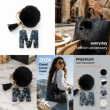 1pc Black Shell Slice Shiny Letter Keychain (A-Z) - Shell Stone Resin Letter Pendant With Pop Pom Pom, Leather Tassel, Fashionable Key Ring, Suitable For Bags/Cars, Cute Gift For Women And Mothers - Multicolor - View 5