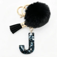 1pc Black Shell Slice Shiny Letter Keychain (A-Z) - Shell Stone Resin Letter Pendant With Pop Pom Pom, Leather Tassel, Fashionable Key Ring, Suitable For Bags/Cars, Cute Gift For Women And Mothers - Multicolor - View 17