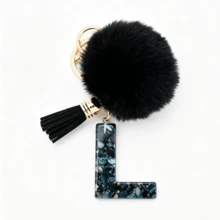 1pc Black Shell Slice Shiny Letter Keychain (A-Z) - Shell Stone Resin Letter Pendant With Pop Pom Pom, Leather Tassel, Fashionable Key Ring, Suitable For Bags/Cars, Cute Gift For Women And Mothers - Multicolor - View 23
