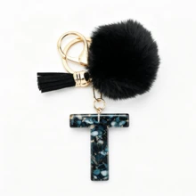 1pc Black Shell Slice Shiny Letter Keychain (A-Z) - Shell Stone Resin Letter Pendant With Pop Pom Pom, Leather Tassel, Fashionable Key Ring, Suitable For Bags/Cars, Cute Gift For Women And Mothers - Multicolor - View 32