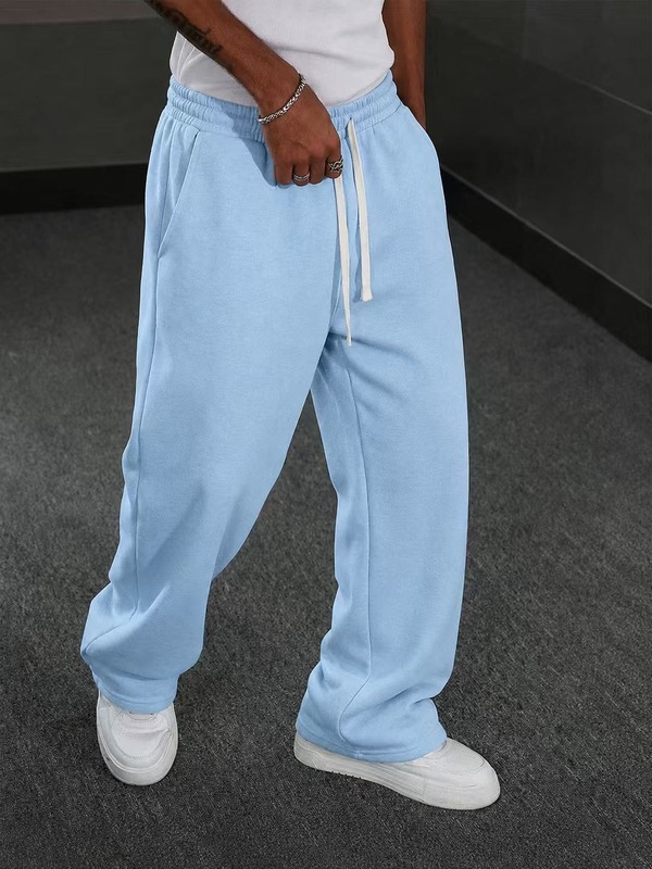 Men's Straight Leg Sports Pants, Made Of 100% Polyester Fabric, Elastic Waistband + Drawstring Adjustable, Loose Leg Opening Without Dragging, Fresh Light Blue Design Enhances Visual Layering, Ideal Choice For Fitness, Streetwear, Outdoor Activities.