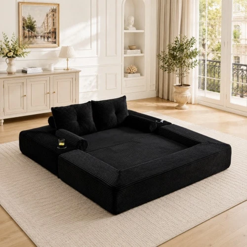 Corduroy Sofa Bed For 2 People, High-Density Foam Spring Core, Dimensionally Stable And Comfortable. With Pockets. - 黑色 - 查看 1