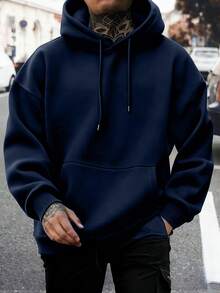 萬聖節限定超熱款男士秋冬時尚骷髏與撲克牌印花舒適袋鼠口袋抽繩連帽抓絨衛衣 - 藏蓝色 - 查看 2