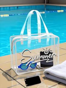 Borsa da toilette trasparente e impermeabile con stampa della parola "Estate", adatta per riporre shampoo, lozioni, cosmetici e altri articoli da bagno, aggiunge un design alla moda e pratico per viaggi e uso quotidiano, adatta per viaggiatori, impiegati, studenti, appassionati di bellezza, può essere utilizzata per viaggi, fitness, soggiorni in hotel, conservazione quotidiana in bagno, multifunzionale come borsa da toilette, borsa da viaggio, borsa portaoggetti, borsa da spiaggia, borsa per il trucco - Multicolore - Visualizzare 9