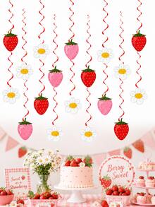 2set Strawberry Daisy Hanging Swirl Decorations, Red Spiral Ceiling Streamers With Pink Strawberry & Flower Cutouts, Berry Sweet Fruit Theme Party Decor, Summer Birthday Party Supplies, Garden Tea Party Dessert Table Backdrop - Strawberry Spiral Ribbon - View 9