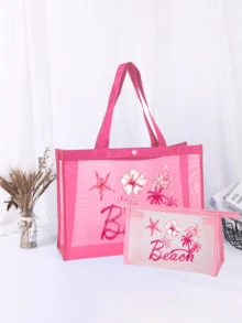 Mesh Beach Tote Bag Set, Large Transparent Shoulder Bag With Mini Makeup Pouch, Waterproof Beach Bag With Beach Letter Print, Snap Closure Summer Pool Tote Bag, Women's Travel Shopping Organizer Bag, Ideal Vacation And Birthday Gift - Multicolor - View 15