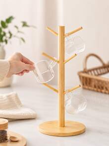 1pc Minimalist Tree Shape 6 Peg Design Tabletop Storage Organizer Bamboo Mug Holder For Kitchen Countertop - Apricot - View 1