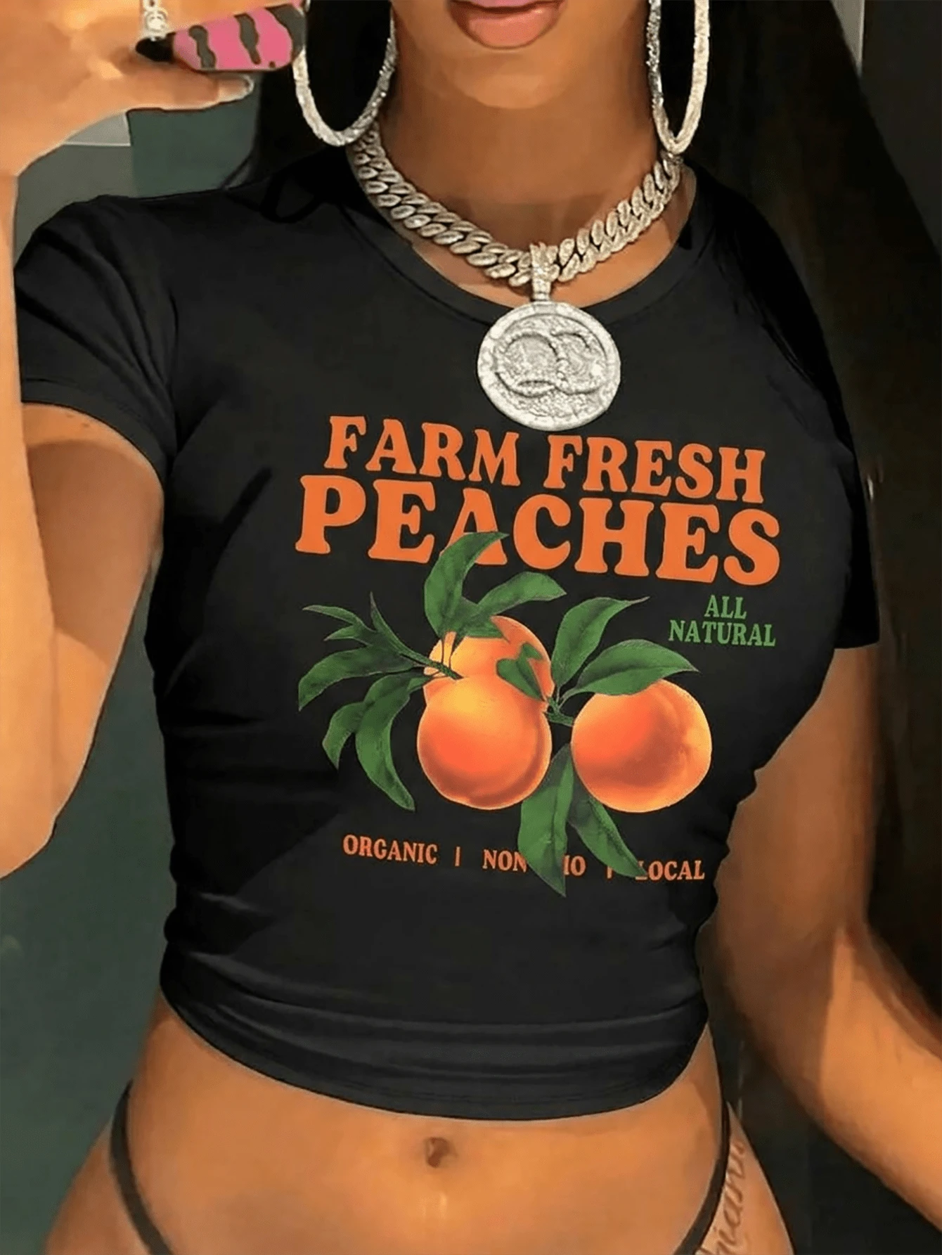 Y2K Girls' Fruit Party Orange & Farm Fresh Peaches Graphic Tee - Vibrant Short Sleeve Crop Top With Design, Stretchy & Comfortable, Machine Washable - 黑色 - 查看 1
