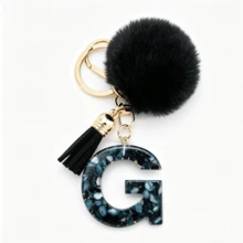 1pc Black Shell Slice Shiny Letter Keychain (A-Z) - Shell Stone Resin Letter Pendant With Pop Pom Pom, Leather Tassel, Fashionable Key Ring, Suitable For Bags/Cars, Cute Gift For Women And Mothers - Multicolor - View 13