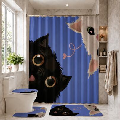 1/4/20pcs Cozy Sleeping Cat Bath Curtain, Neutral Light Gray Aesthetic, Decorative Shower Curtain For Bathroom, Animal Print