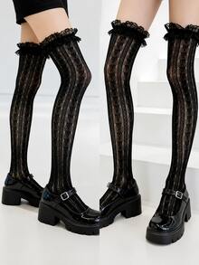Lace Over-Knee Thigh High Socks – Black & White Sheer Floral Ruffle Stockings, Y2K Gothic Preppy School Style Legwear - Multicolor - View 6