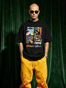 Herren Sommer Lässig weiches Rundhals Kurzarm-Shirt, bunter Graffiti Evil Bear Street Muster Grafik geeignet für den täglichen Gebrauch. - Schwarz - Übersicht 1