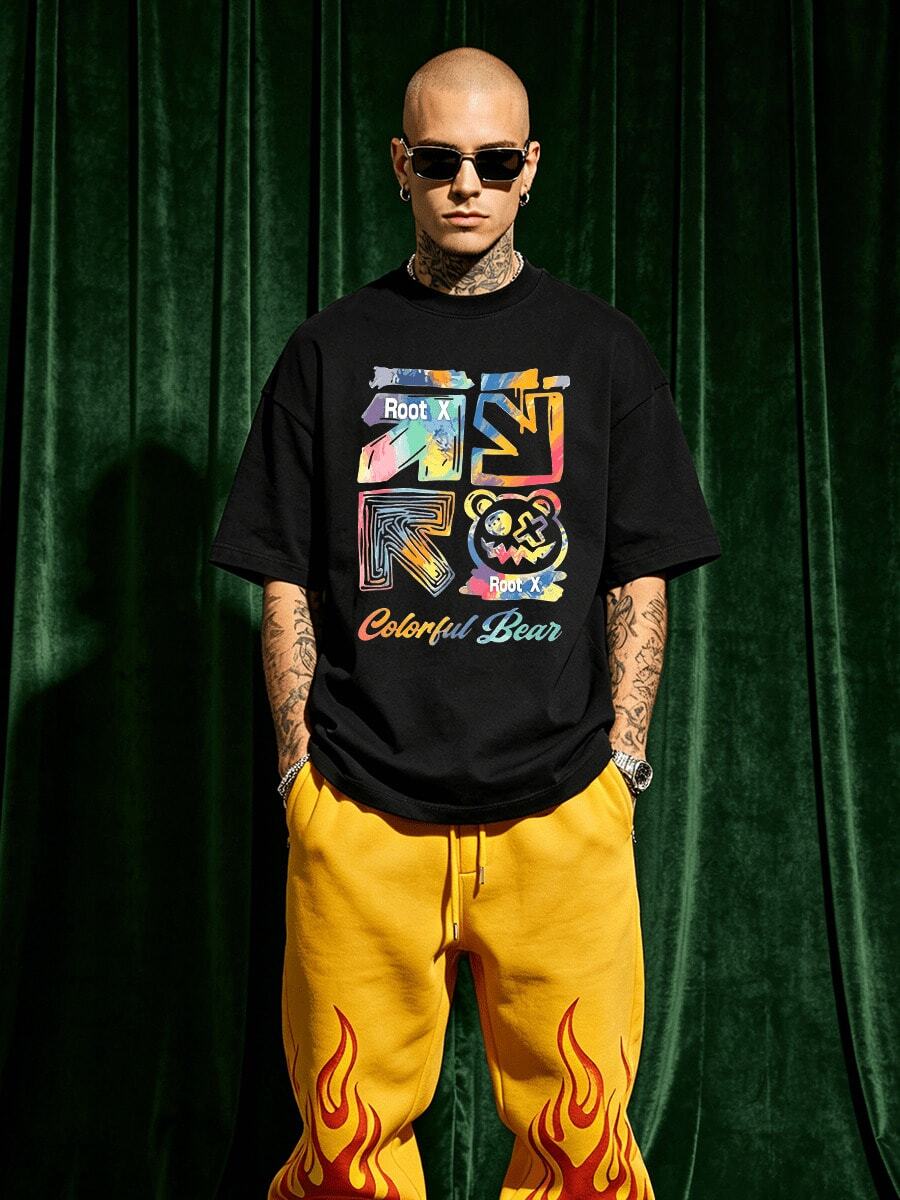Herren Sommer Lässig weiches Rundhals Kurzarm-Shirt, bunter Graffiti Evil Bear Street Muster Grafik geeignet für den täglichen Gebrauch. - Schwarz - Übersicht 1