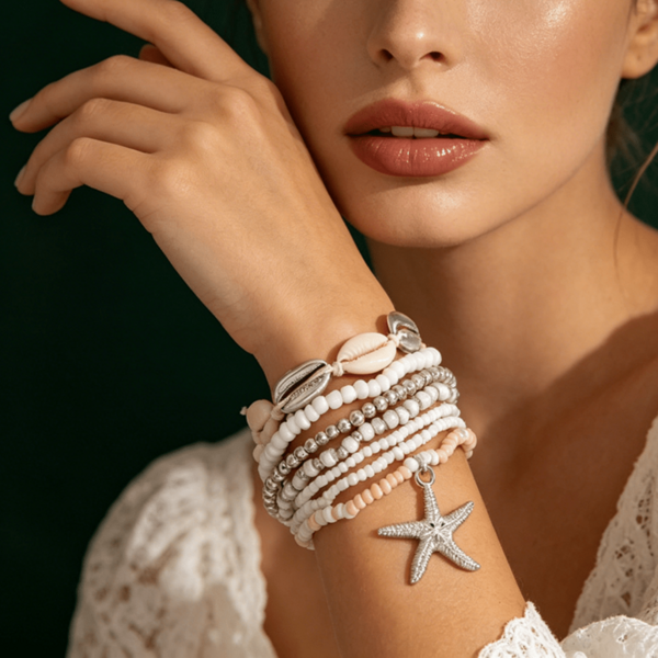 7pcs European & American Style Alloy Shell Starfish Seed Bead Woven Women's Silver Bracelet Summer Beach