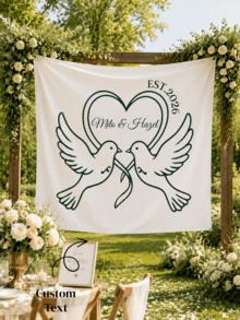 客製化婚禮橫幅「Love Birds」主題，適合情侶派對與婚前慶祝懸掛背景布 - 彩色 - 查看 2