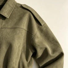 Women's Faux Leather Decorated Collar Shoulder Jacket, Loose Fit, Hidden Button Design, Relaxed Hem, Casual Outerwear - Army Green - View 8