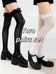 Lace Over-Knee Thigh High Socks – Black & White Sheer Floral Ruffle Stockings, Y2K Gothic Preppy School Style Legwear - Multicolor - View 7