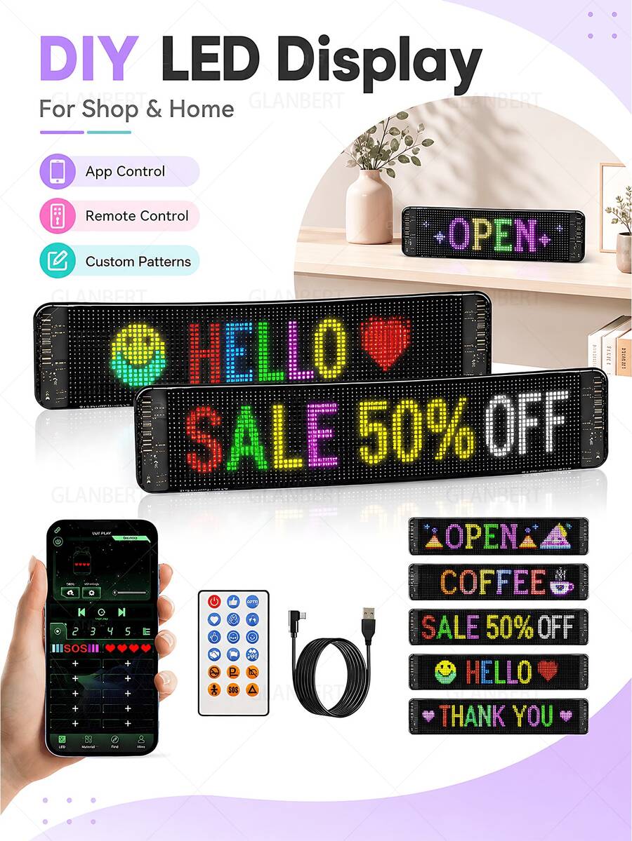 滾動式巨型亮色 LED 廣告招牌，柔性 USB 5V LED 店鋪招牌，藍牙 App 控制，可自定義文字/圖案/動畫，可編程顯示螢幕，適用於商店、汽車、酒吧、酒店