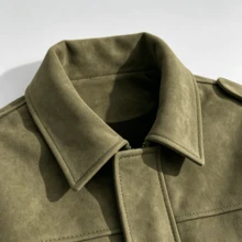 Women's Faux Leather Decorated Collar Shoulder Jacket, Loose Fit, Hidden Button Design, Relaxed Hem, Casual Outerwear - Army Green - View 6