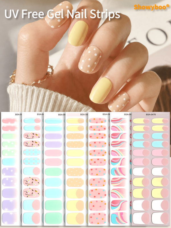 Showyboo Full Cured Gel Nail Stickers 22pcs Macaron Milk Color Macaron Rainbow Polka Dot Design Full Coverage Nail Stickers Suitable For All Seasons Women Teen Girls Students Suitable For School, Beach Picnic, Afternoon Tea Shop Visit, Birthday Party Nail Art