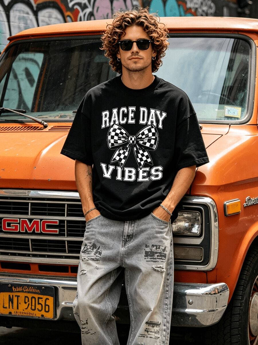 Men's Summer Casual Soft Round Neck Short Sleeve-Shirt,Race Day Checkered Bow Print Graphic Is Suitable Spring And Summer Wear. - 黑色 - 查看 1