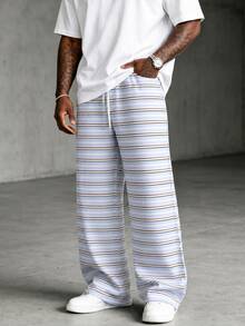 FRACTYR Herren Sommer Lässig Streetwear Hellblau Weiß Braun Nadelstreifen Kordelzug Weite Beine Hose, Vintage Lässig Lange Hose, Minimalistischer Urlaubsstil Lockerer Gerader Beinschnitt Bodenlange Hose, Weiche Haptik - Blau - Übersicht 2