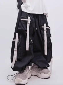 niepce Men's Black Wide Leg Strapped Pants Techwear Streetwear Oversized Joggers - Black - View 7