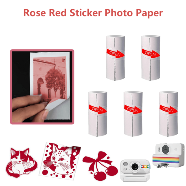 Pegatinas autoadhesivas (Papel térmico de color rojo), 57 X 25Mm, Papel de recarga para mini cámara de bolsillo, sin tinta, portátil, para imprimir patrones/preguntas de error/planes de trabajo/horarios/imágenes