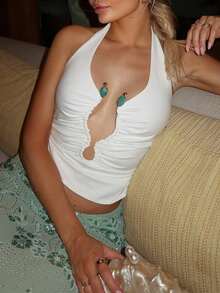 Solid Color Backless Halter Top For Beach Vacation Summer - Off-white - View 4