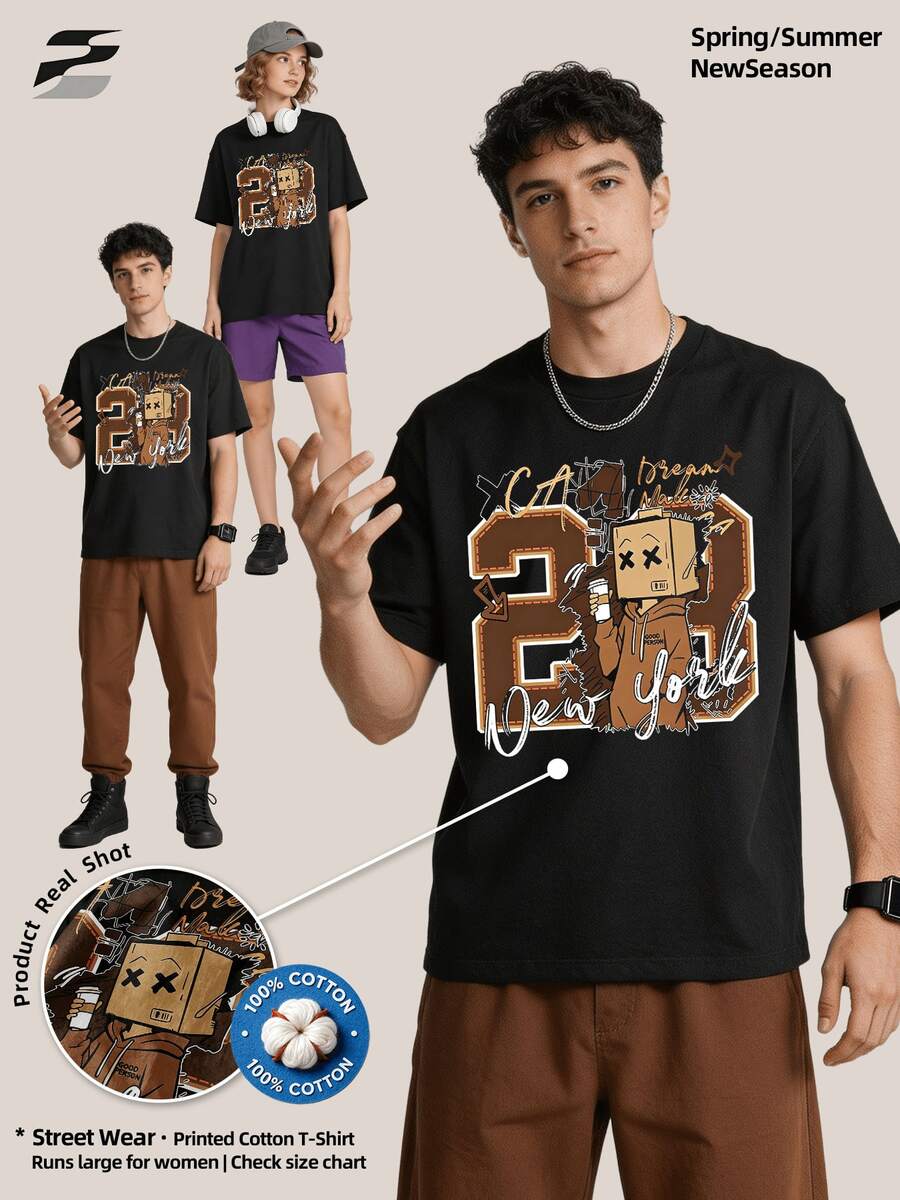 Maglietta estiva casual da uomo con collo rotondo morbido e maniche corte, stampa grafica con orso graffiti California e numero 23, adatta per uso quotidiano. - nero - Visualizzare 1