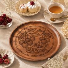 1pc Creative Walnut Wood Carved Cherry Flower Round Wooden Plate, Western Dinner Plate, Steak Plate, Candy Dish, Fruit Plate, Solid Wood Pizza Board Tray - Cherry - View 4