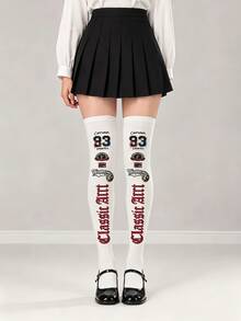 1雙女款白色印花大腿襪，學院風字母貼布印花過膝襪，適合學院風街頭穿搭 - 白色 - 查看 6