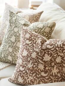 1pc Floral Pattern Pillow Case, Farmhouse Style Wooden Print Decorative Pillow Cover, Sofa Cushion Cover, Living Room Vintage Accent Sofa Cover, Bedroom Home Decor, Summer Autumn Pillow Case, Thanksgiving Halloween Gift - Olive Green - View 5