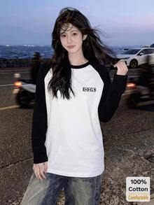 Women's Autumn Raglan Sleeve Long Sleeve T-Shirt, Cartoon Print, Loose Oversize Mid-Length Top Casual - Black and White - View 4