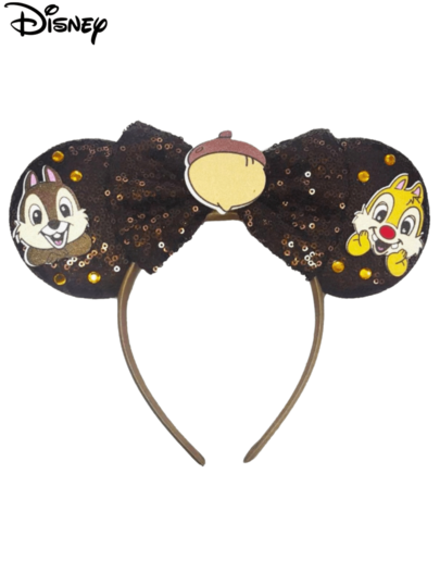 1pc Disney Cartoon Sequin Brown + Squirrel Pattern + Nut Pattern + Brown Bow Headband, Amusement Park Theme Series Mickey Minnie Ears Sequin Headpiece, Stage Performance Costume Hair Accessory, Holiday Party Birthday Theme Mickey Hair Accessory, Headband, Suitable For Holiday Parties