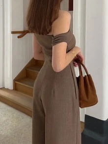Solid Color Off-Shoulder Minimalist Fashion High-Waist Wide-Leg Jumpsuit, Elegant Jumpsuit For Women, Summer Holiday Outfits Brown - Brown - View 3