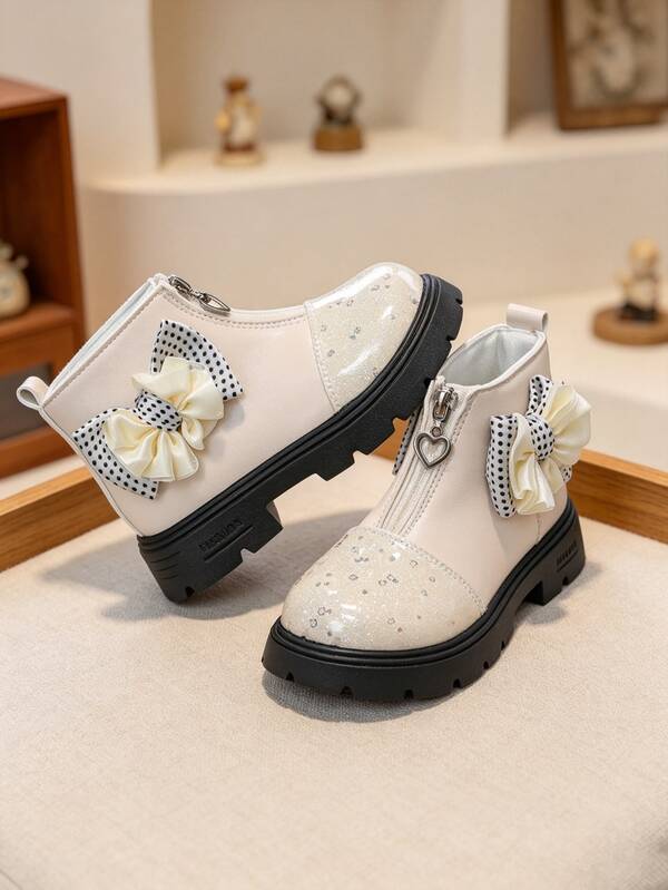Girls' Rhinestone Bow Chelsea Abkle Boots, Shiny Patent Leather Side Zipper Boots, Sweet Princess Soft Sole Non-Slip Abkle Boots, Korean Style Versatile Dress Performance Boots, Fashion Boots For Toddlers
