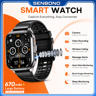 Reloj inteligente SENBONO con cámara, que cuenta con un dial dinámico de 2.01 pulgadas, funciones de grabación de video y audio, y una pantalla cuadrada. Este reloj inteligente de fitness ofrece talla grande de 100 modos deportivos, llamadas inalámbricas, llamadas y mensajes