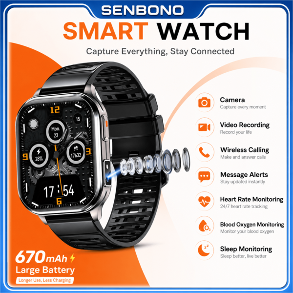 Reloj inteligente SENBONO con cámara, que cuenta con un dial dinámico de 2.01 pulgadas, funciones de grabación de video y audio, y una pantalla cuadrada. Este reloj inteligente de fitness ofrece talla grande de 100 modos deportivos, llamadas inalámbricas, llamadas y mensajes