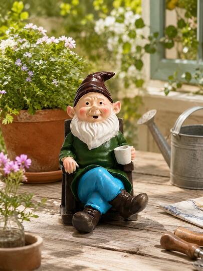 Cute Sitting Garden Gnome Statue, Outdoor Yard Patio Lawn Ornament, Whimsical Gnome Figurine With Coffee Cup, Balcony Planter Decor, Fairy Garden Accent, Summer Porch Decor, Garden Lover Housewarming Gift