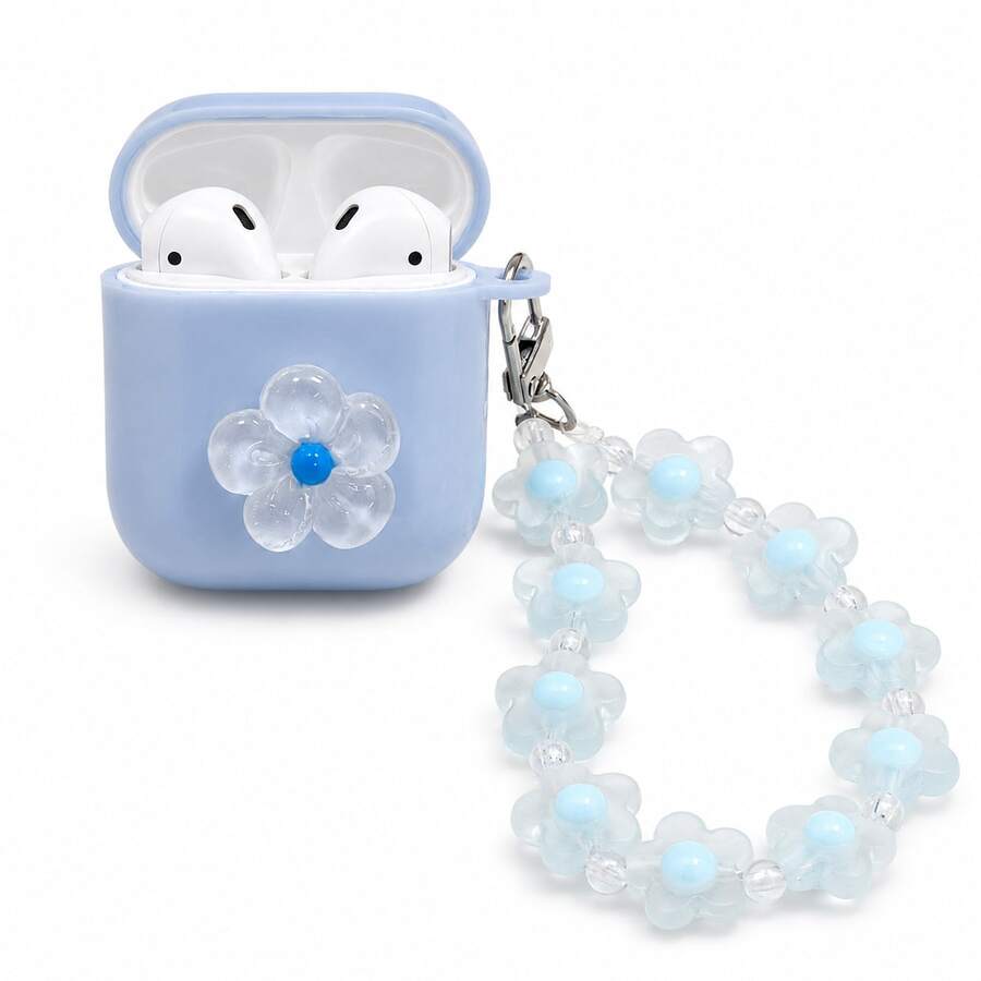 Cute Light Blue Cherry Blossom Bluetooth Earphone Case Compatible With AirPods Pro 2 Protective Cover With Blue Beaded Lanyard - Baby Blue - View 1
